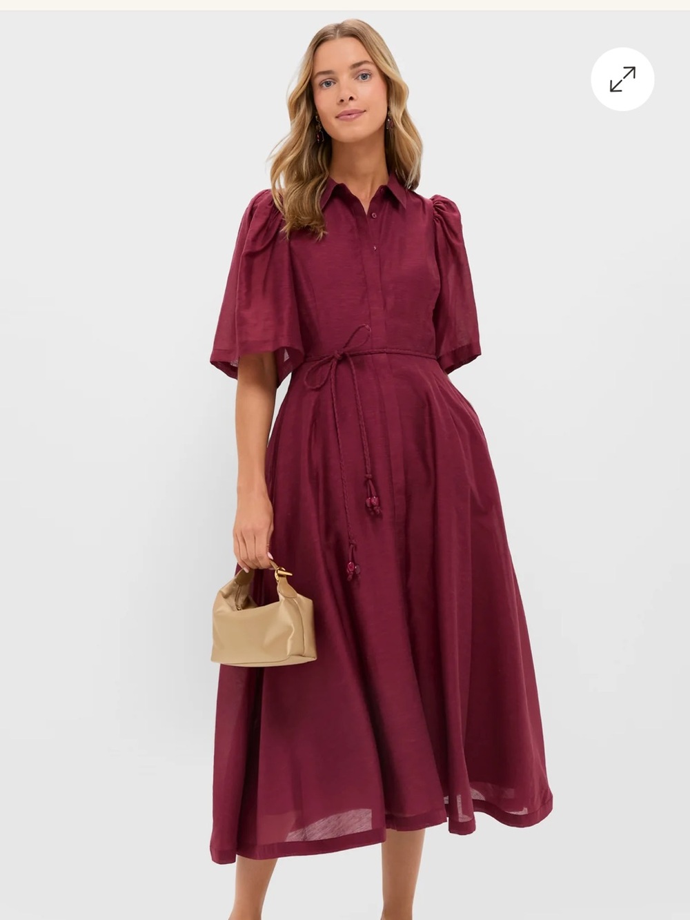 Women's Burgundy Midi Shirt Dress with Tie Waist and Puff Sleeves